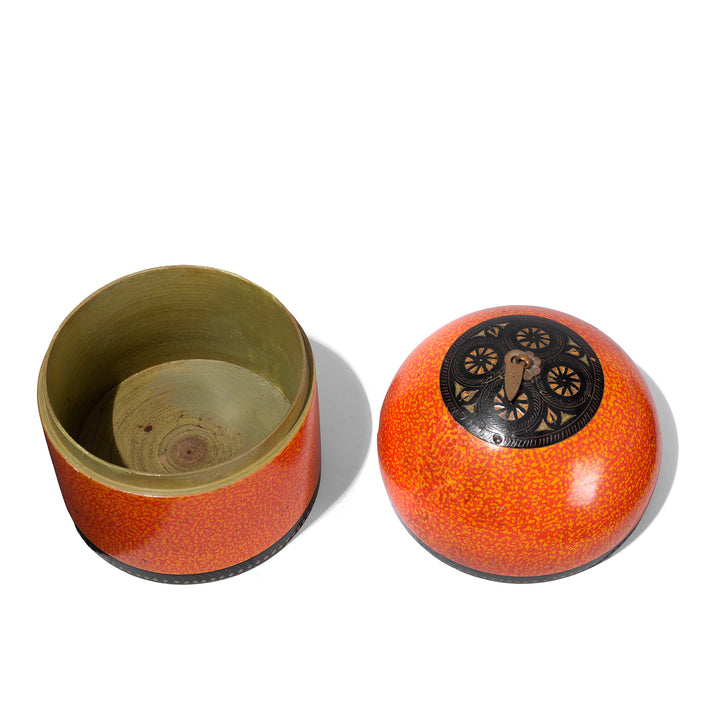 Interior Of Antique Barmer Lacquer Pot With Orange And Black Pattern And Domed Lid