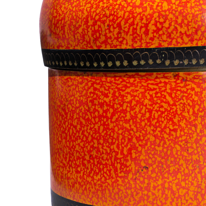 Detail From Antique Barmer Lacquer Pot With Orange And Black Pattern And Domed Lid