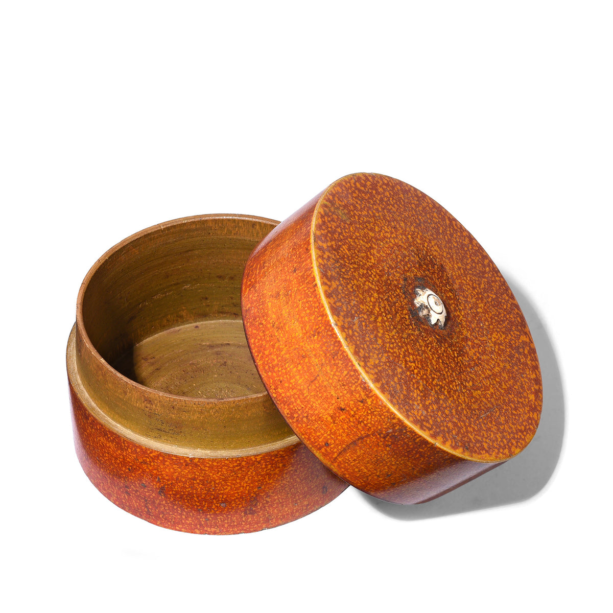 Interior Of Antique Nineteenth Century Barmer Spotted Lacquer Pot With Flat Lid And Decorative Knop