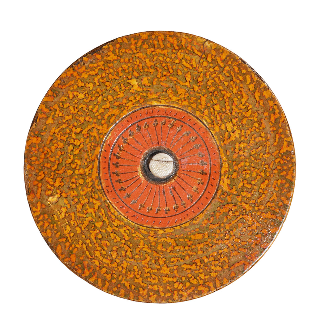 Top Down View Of Antique Nineteenth Century Barmer Spotted Lacquer Pot With Lid And Central Motif