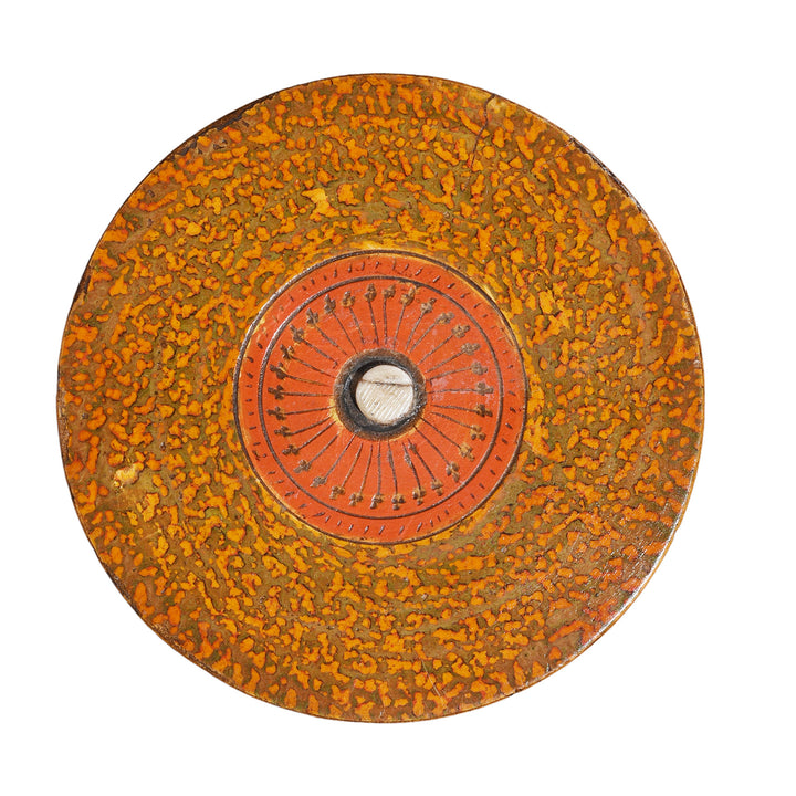 Top Down View Of Antique Nineteenth Century Barmer Spotted Lacquer Pot With Lid And Central Motif