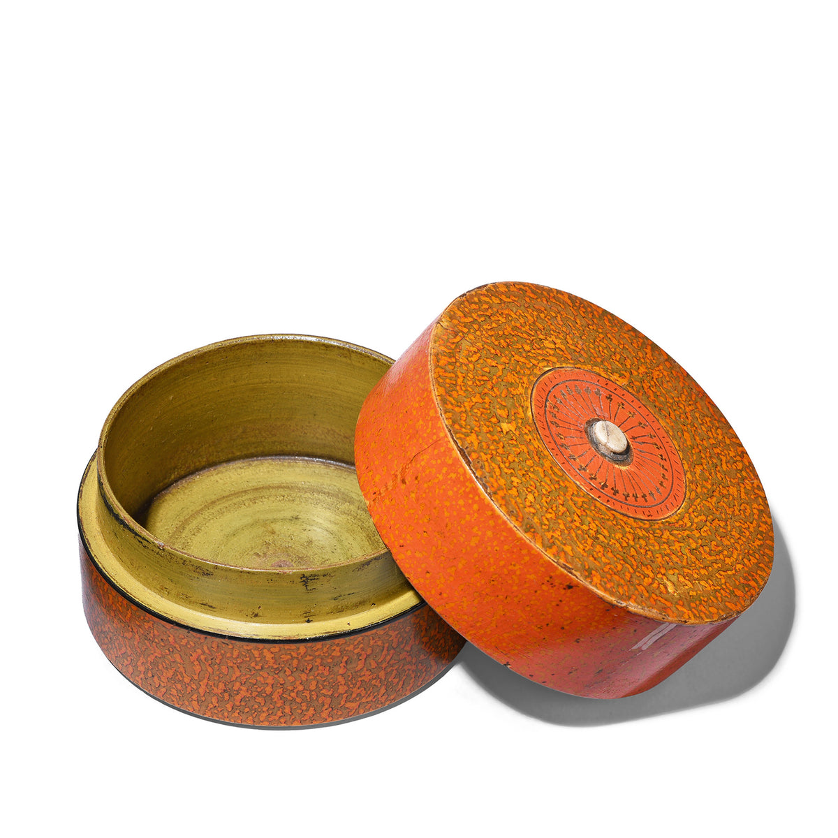Interior Of Antique Nineteenth Century Barmer Spotted Lacquer Pot With Lid And Central Motif