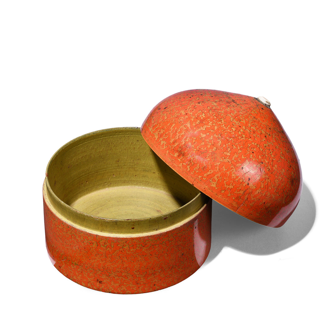 Interior Of Antique Nineteenth Century Barmer Spotted Lacquer Pot With Domed Lid And Central Moti