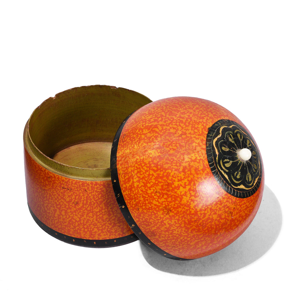 Interior Of Antique Nineteenth Century Barmer Spotted Lacquer Pot With Domed Lid And Central Motif