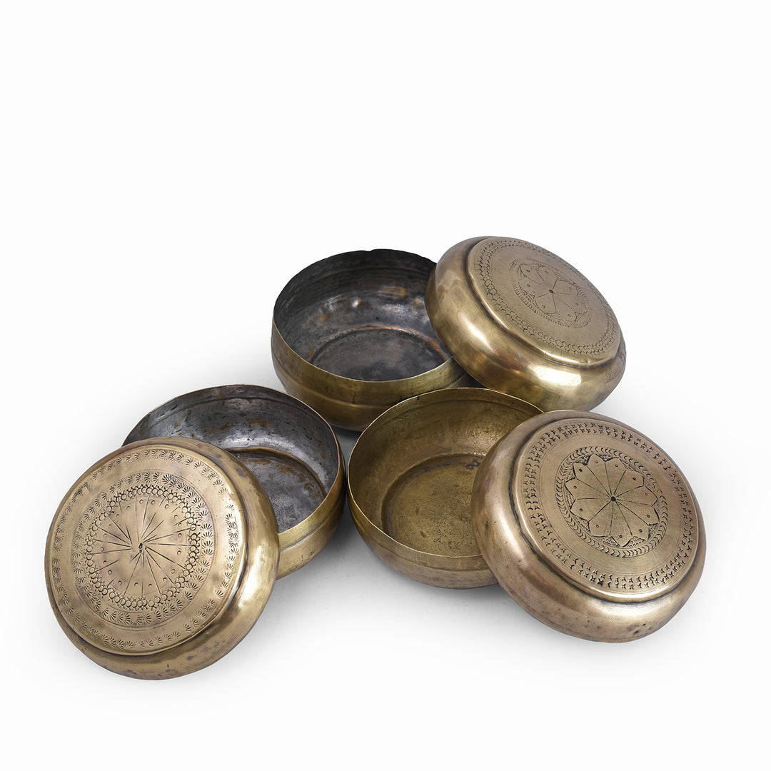 Interior Of Set Of Antique Brass Paan Boxes From India With Engraved Lids Circa 1920