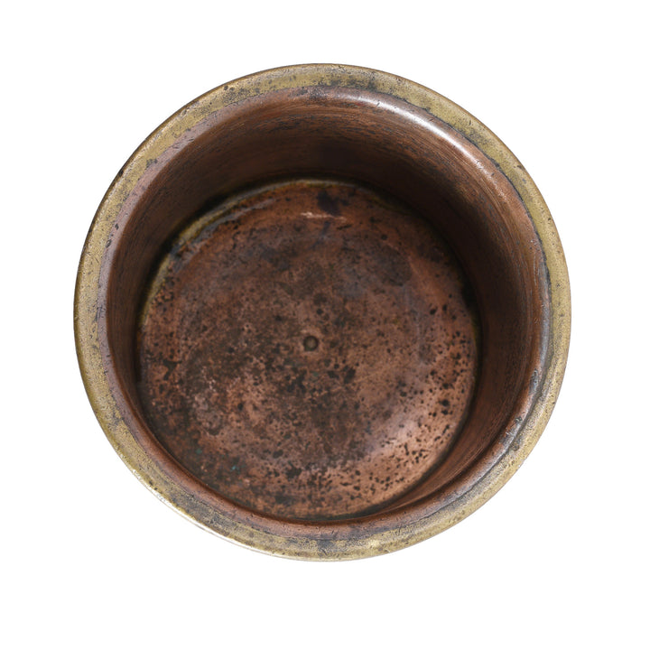 Top Down View Of 19th Century Indian Ganga Jumna Copper And Brass Panch Patra Ritual Vessel With Spoon | Indigo Antiques