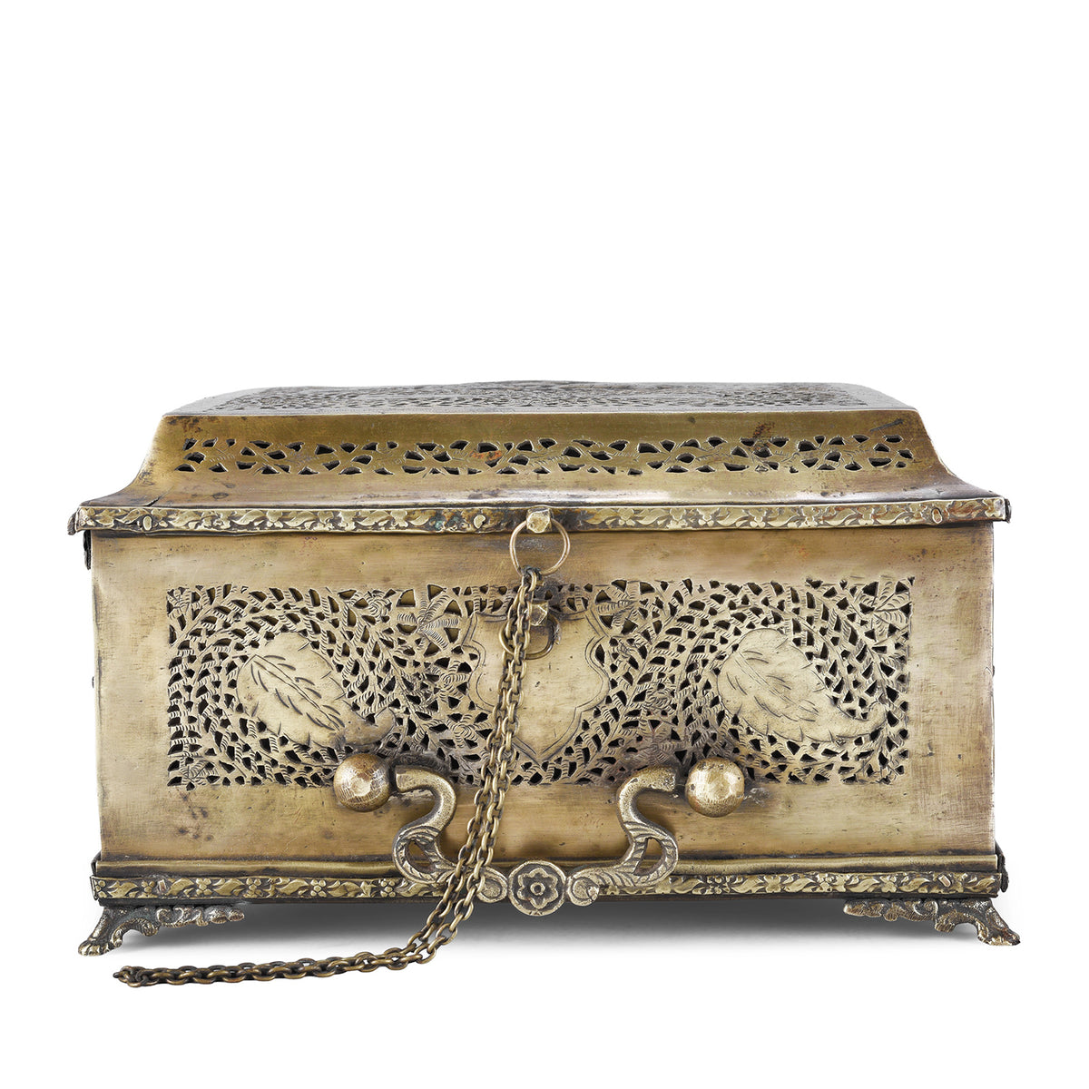 Side View Of Antique Indian Brass Jali Work Paan Box | Indigo Antiques