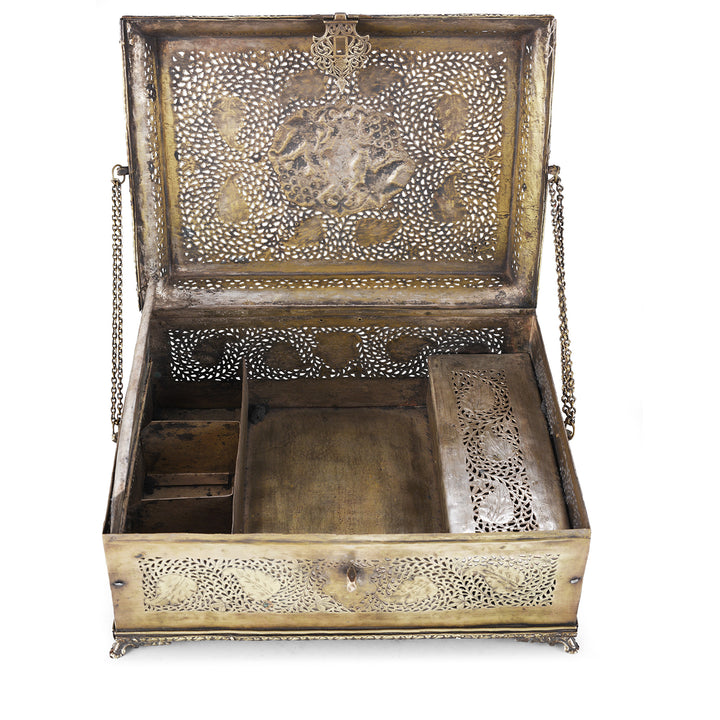 Interior Of Antique Indian Brass Jali Work Paan Box | Indigo Antiques