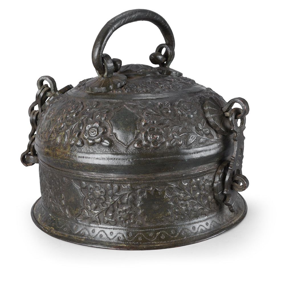 Angled VIew Of Antique Indian Tinned Copper Paan Box