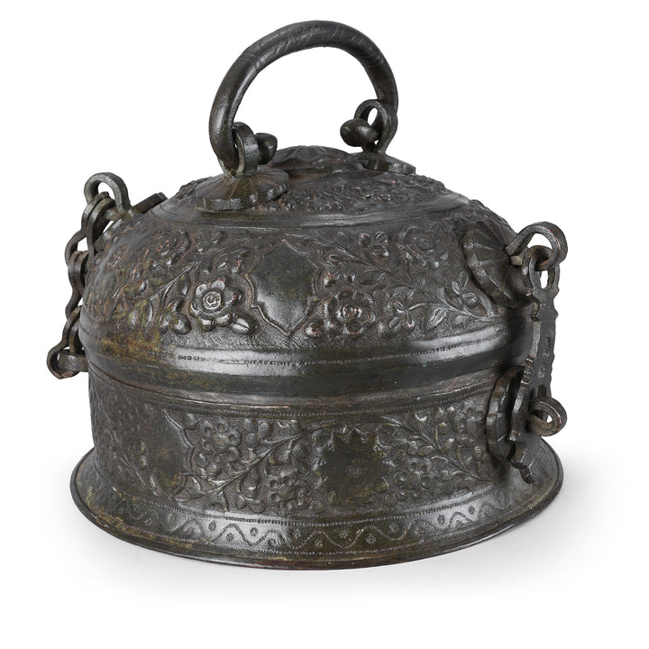 Angled VIew Of Antique Indian Tinned Copper Paan Box