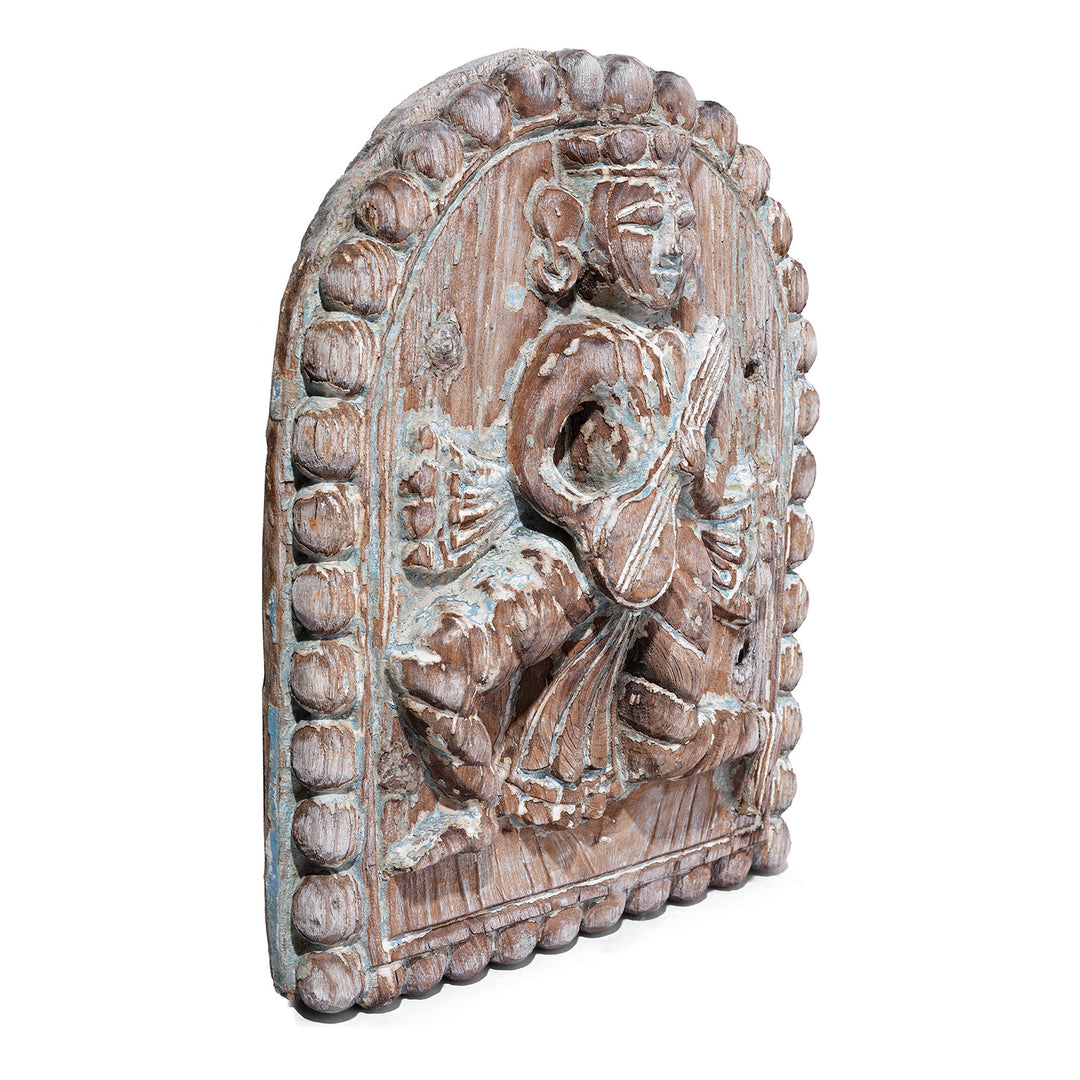 Angled View Of Antique Indian Carved Musician Panel | Indigo Antiques