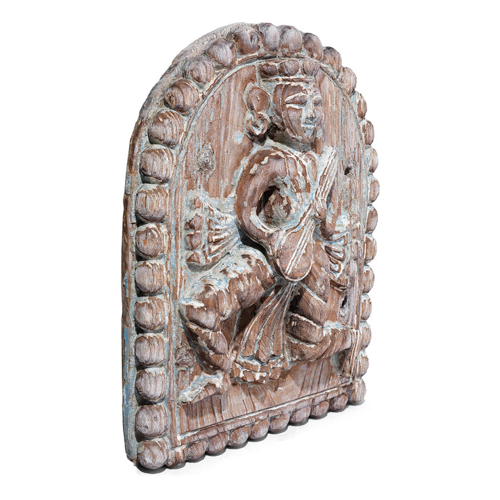 Angled View Of Antique Indian Carved Musician Panel | Indigo Antiques