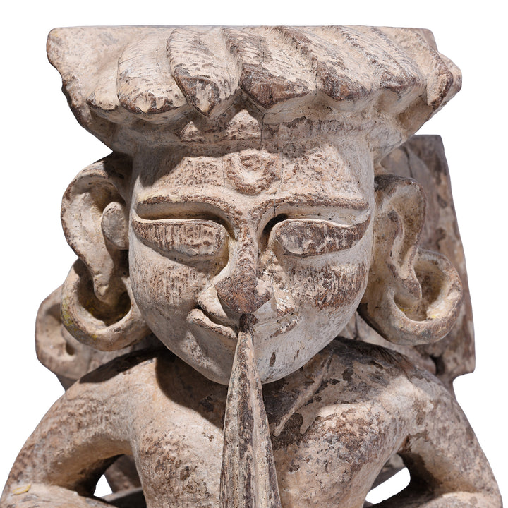 Face Detail From Antique Indian Carved Teak Musician Panel | Indigo Antiques