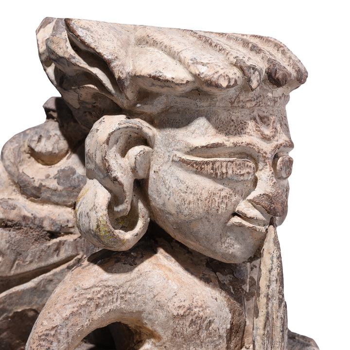 Face Detail From Antique Indian Carved Teak Musician Panel | Indigo Antiques