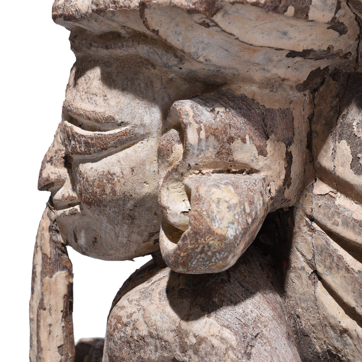 Face Detail From Antique Indian Carved Teak Musician Panel | Indigo Antiques