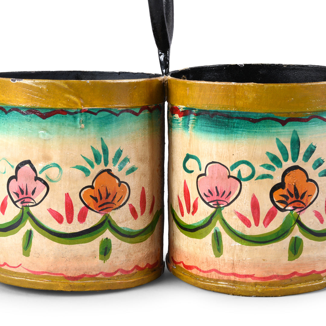 Paintwork Detail From Vintage Indian Painted 2 Way Planter Made From Old Bottle Carrier