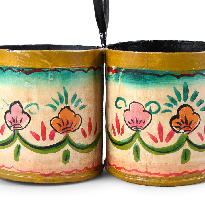 Paintwork Detail From Vintage Indian Painted 2 Way Planter Made From Old Bottle Carrier