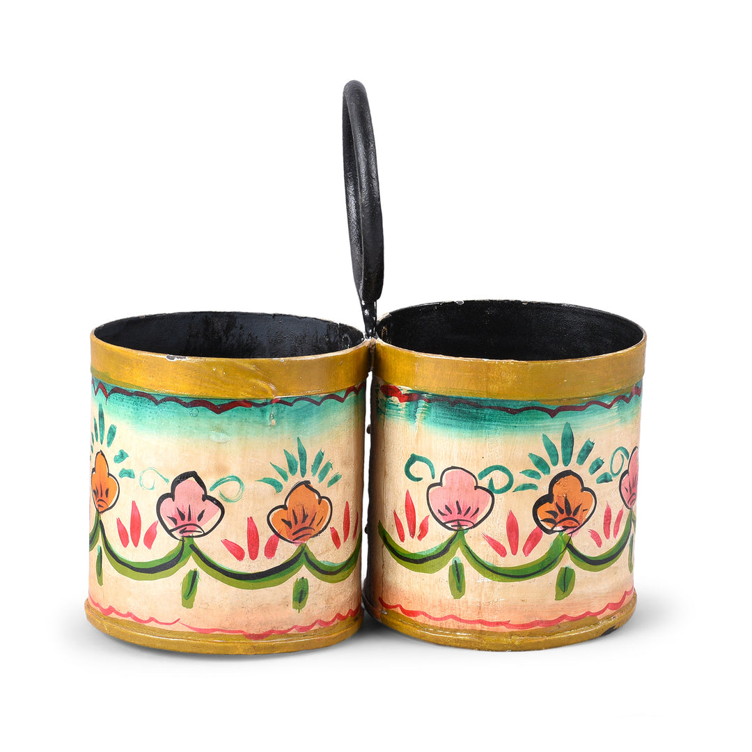 Vintage Indian Painted 2 Way Planter Made From Old Bottle Carrier