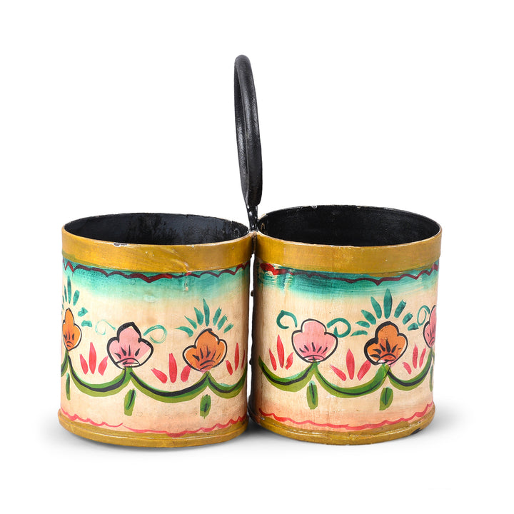 Vintage Indian Painted 2 Way Planter Made From Old Bottle Carrier