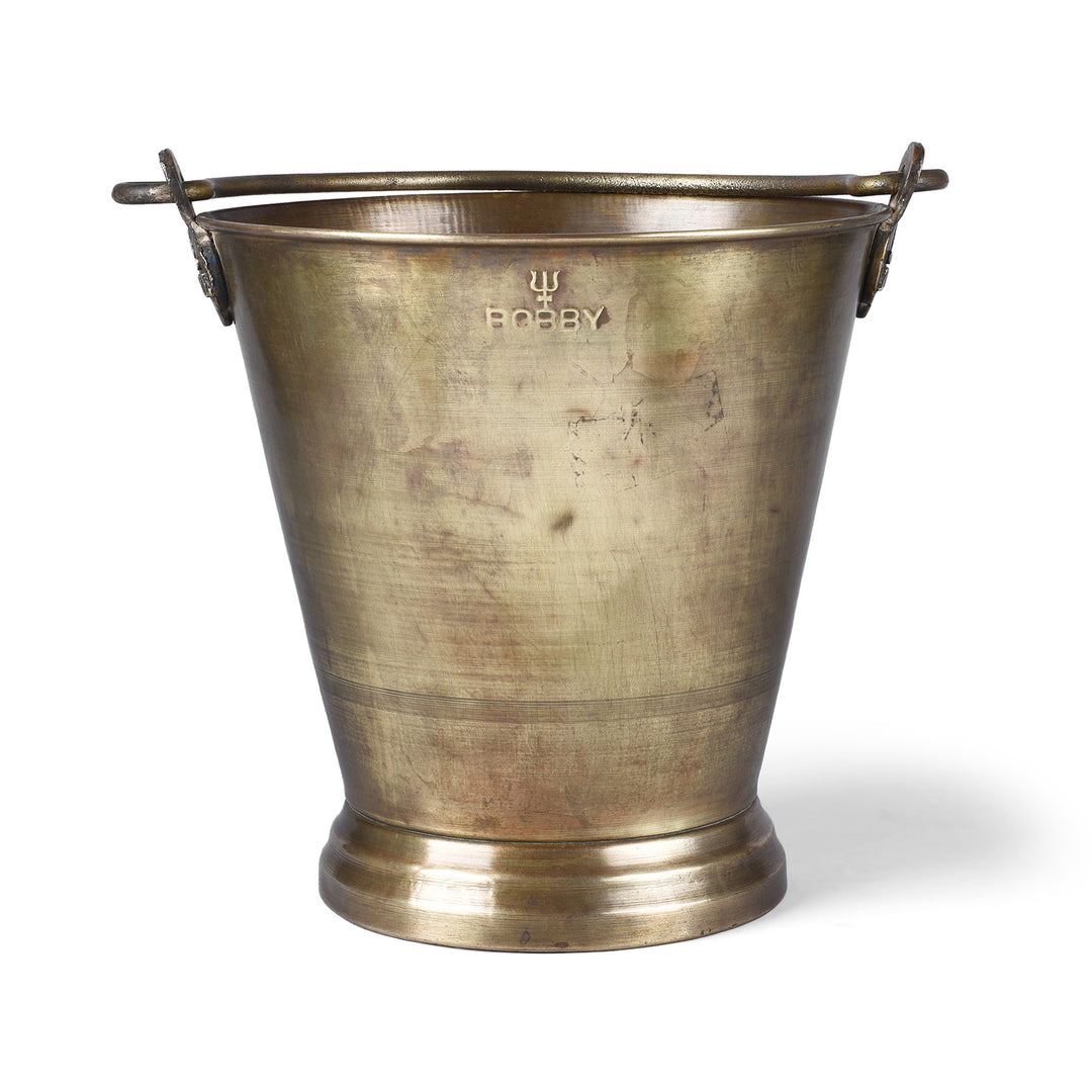 Antique Brass Bucket With Trishul Trident Maker’s Mark And Swing Handle From India