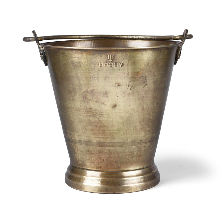 Antique Brass Bucket With Trishul Trident Maker’s Mark And Swing Handle From India