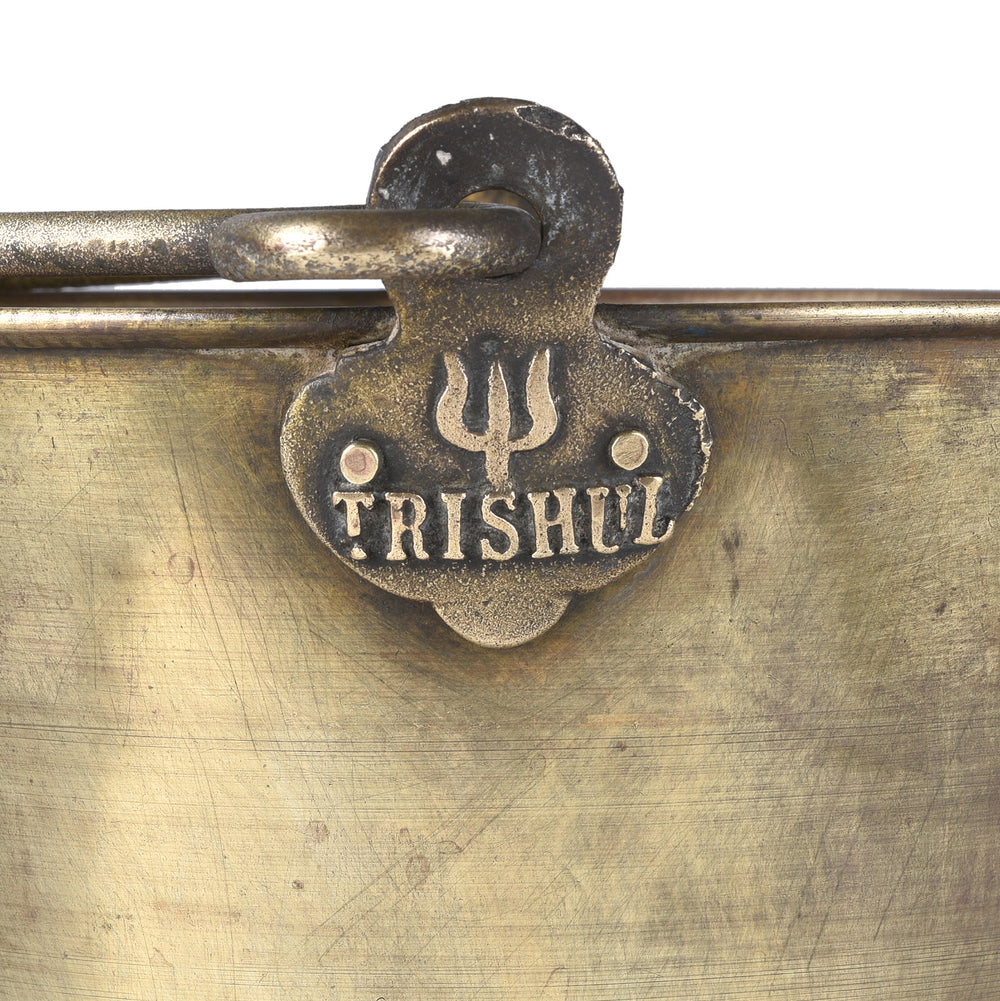 Detail From Antique Brass Bucket With Trishul Trident Maker’s Mark And Swing Handle From India