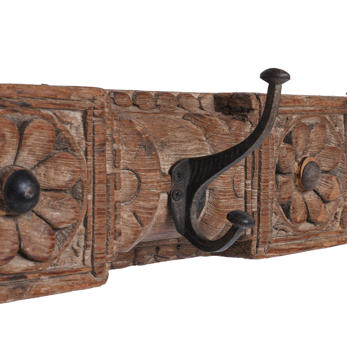 Hook Detail From 19th Century Indian Carved Teak Panel Coat Rack With Floral Carving And Iron Hooks