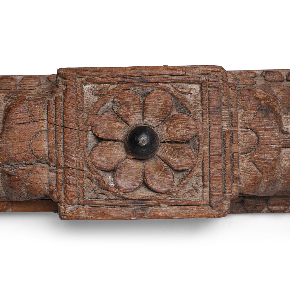 Carving Detail From 19th Century Indian Carved Teak Panel Coat Rack With Floral Carving And Iron Hooks