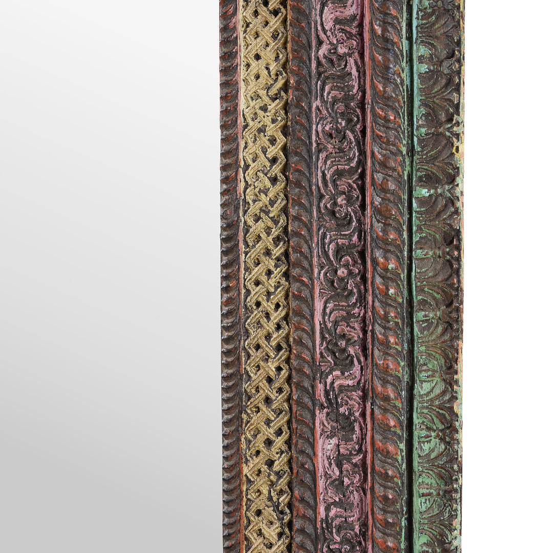 Side Detail From Hand Carved Painted Indian Teak Door Mirror With Peacock Frame Detailing