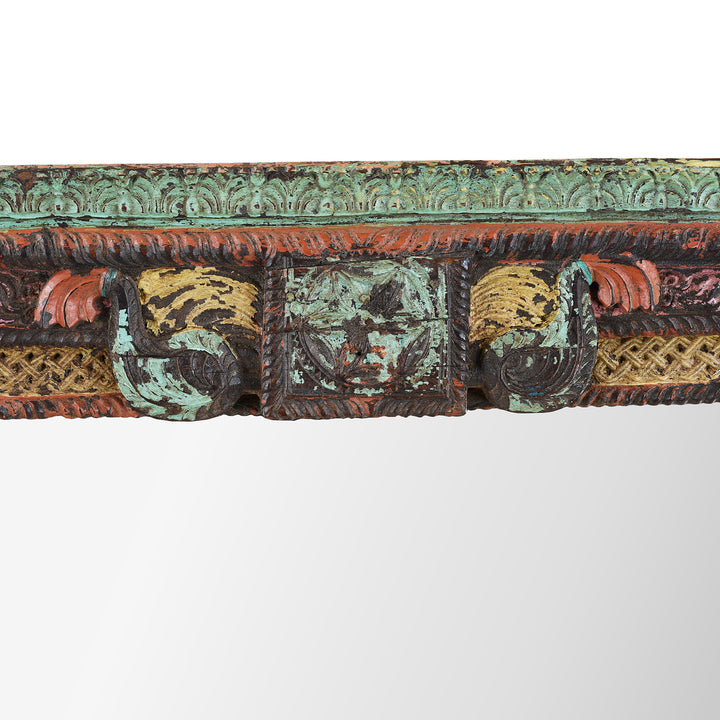 Paintwork Detail From Hand Carved Painted Indian Teak Door Mirror With Peacock Frame Detailing