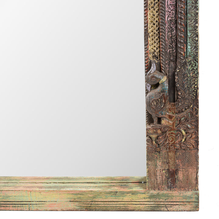 Corner Detail From Hand Carved Painted Indian Teak Door Mirror With Peacock Frame Detailing