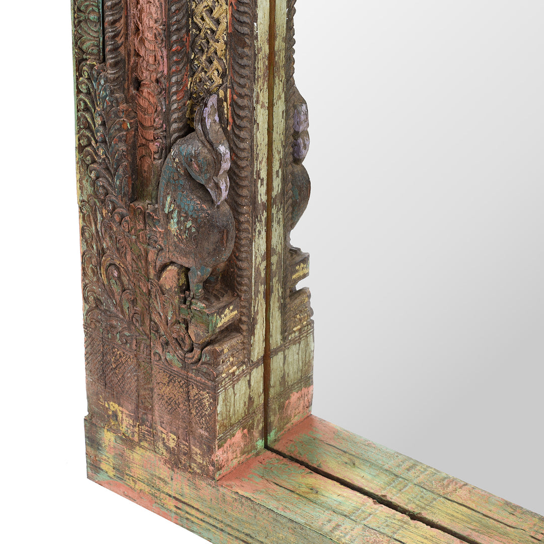 Peacock Carving Detail From Hand Carved Painted Indian Teak Door Mirror With Peacock Frame Detailing