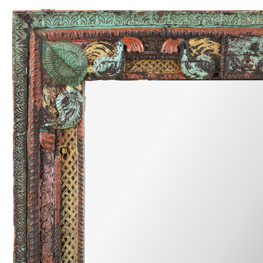 Paintwork Detail From Corner Of Hand Carved Painted Indian Teak Door Mirror With Peacock Frame Detailing