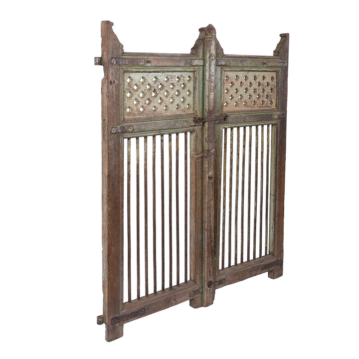 Angled VIew Of Antique Indian Green Painted Teak Dog Gate | Indigo Antiques