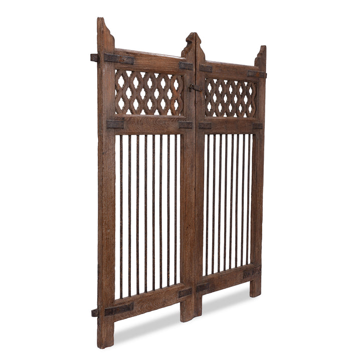 Angled VIew Of Antique Indian Teak Dog Gate From | Indigo Antiques
