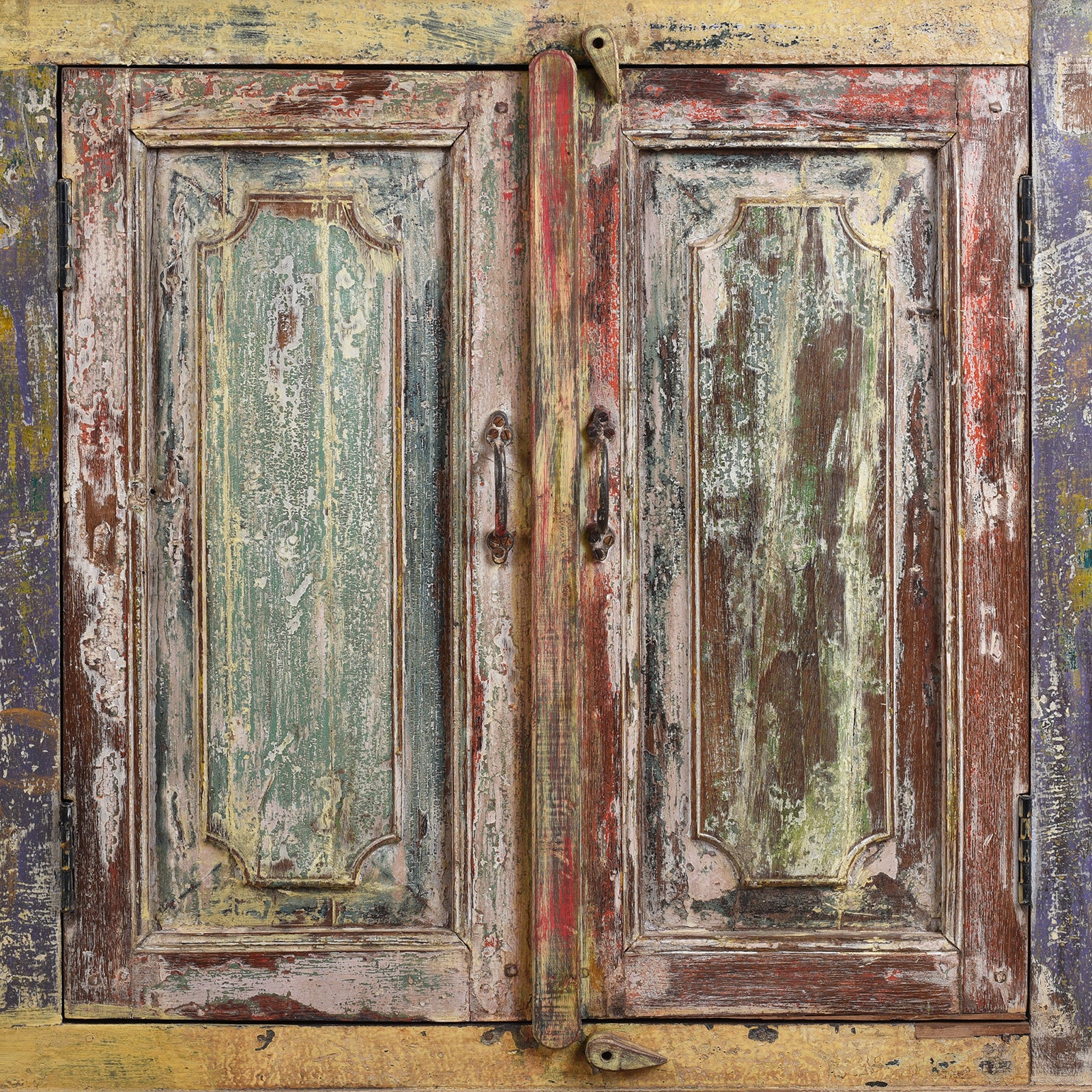 Brightly Painted Doors Detail From Vividly Painted Sideboard With Four Doors And Shelf Made From Reclaimed Wood From Historic Buildings In Rajasthan And Gujarat