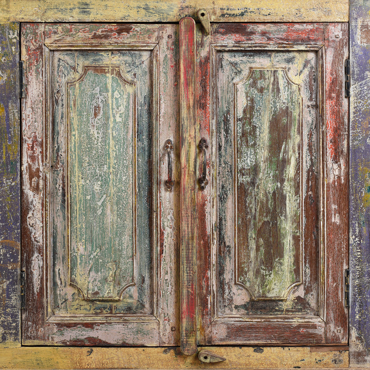 Brightly Painted Doors Detail From Vividly Painted Sideboard With Four Doors And Shelf Made From Reclaimed Wood From Historic Buildings In Rajasthan And Gujarat