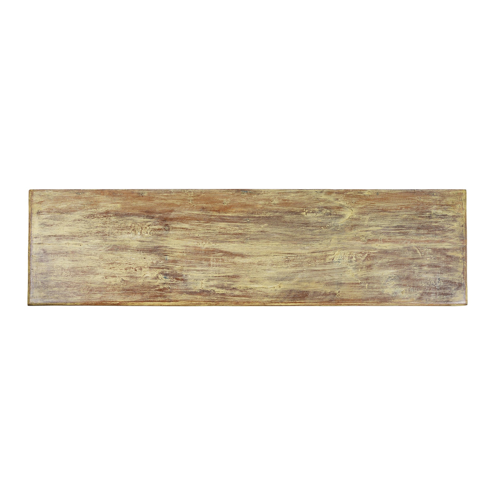 Top Down View Of Vividly Painted Sideboard With Four Doors And Shelf Made From Reclaimed Wood From Historic Buildings In Rajasthan And Gujarat