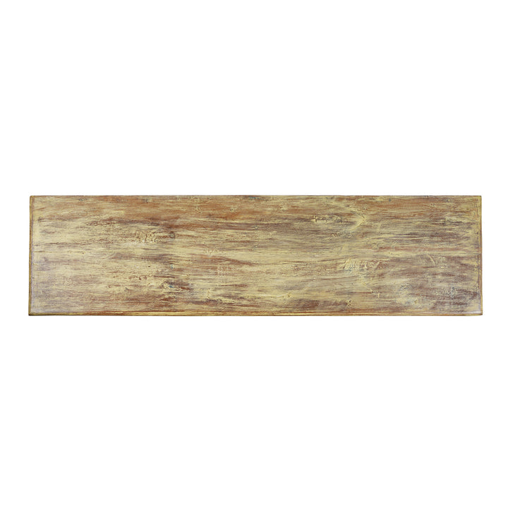 Top Down View Of Vividly Painted Sideboard With Four Doors And Shelf Made From Reclaimed Wood From Historic Buildings In Rajasthan And Gujarat