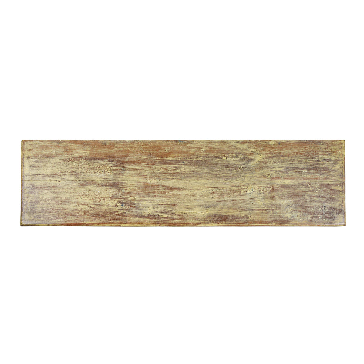 Top Down View Of Vividly Painted Sideboard With Four Doors And Shelf Made From Reclaimed Wood From Historic Buildings In Rajasthan And Gujarat