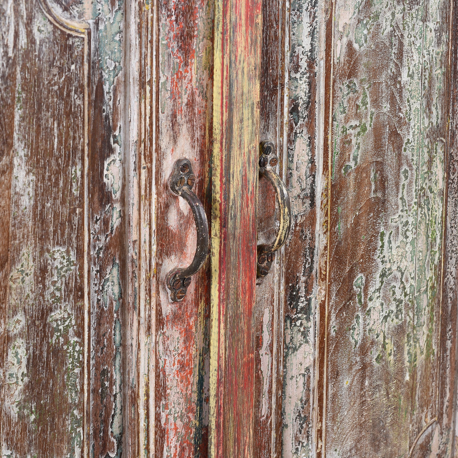 Handles Detail From Vividly Painted Sideboard With Four Doors And Shelf Made From Reclaimed Wood From Historic Buildings In Rajasthan And Gujarat