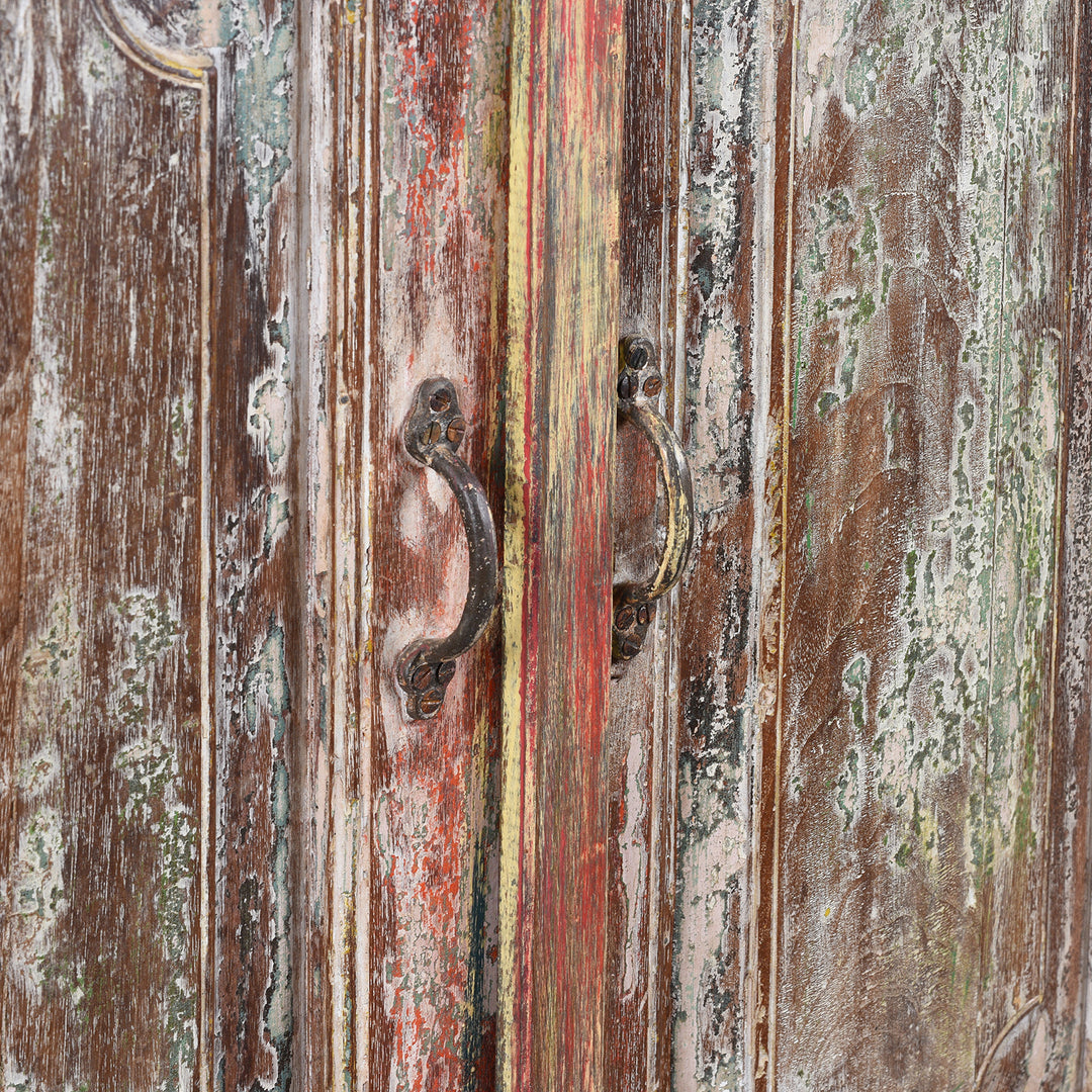 Handles Detail From Vividly Painted Sideboard With Four Doors And Shelf Made From Reclaimed Wood From Historic Buildings In Rajasthan And Gujarat