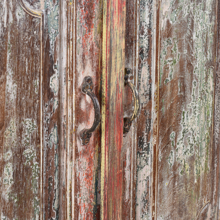 Handles Detail From Vividly Painted Sideboard With Four Doors And Shelf Made From Reclaimed Wood From Historic Buildings In Rajasthan And Gujarat