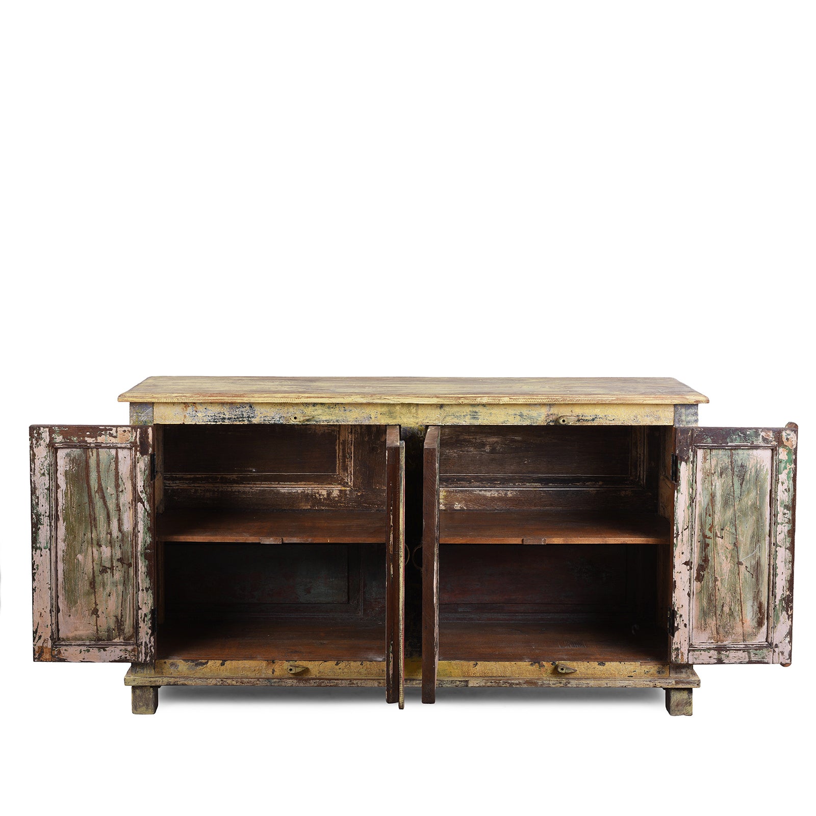 Interior Of Vividly Painted Sideboard With Four Doors And Shelf Made From Reclaimed Wood From Historic Buildings In Rajasthan And Gujarat