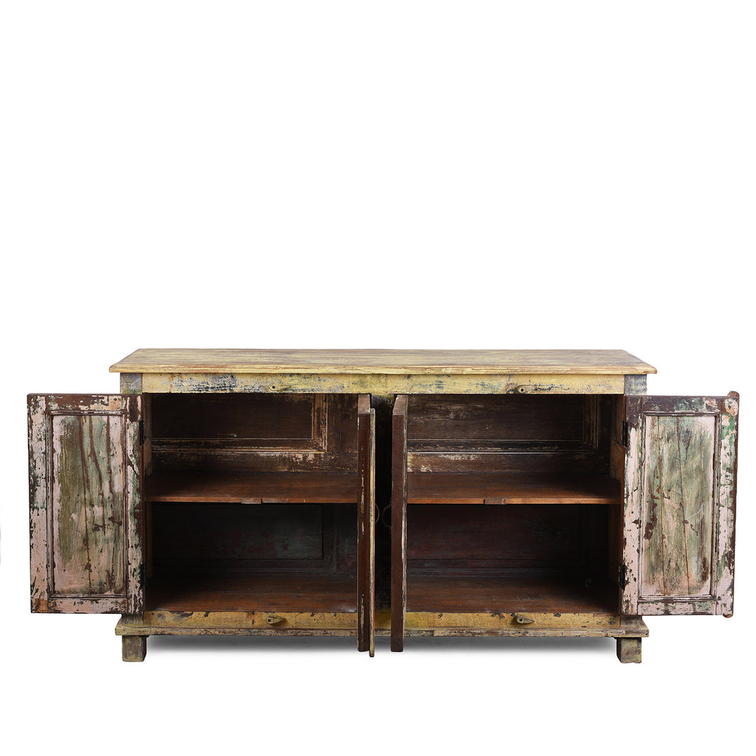 Interior Of Vividly Painted Sideboard With Four Doors And Shelf Made From Reclaimed Wood From Historic Buildings In Rajasthan And Gujarat