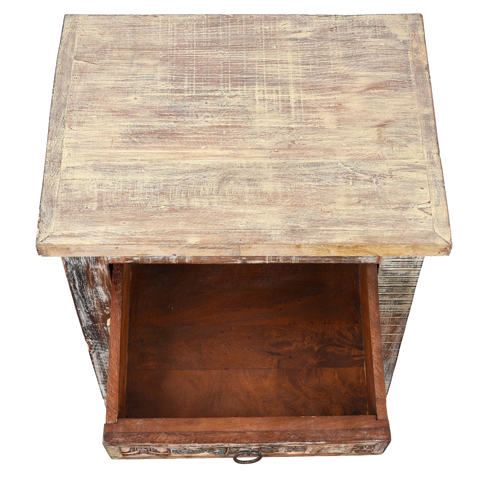 Drawer Interior View Of Hand-Carved Reclaimed Indian Bedside Cabinet With Patchwork Detail 