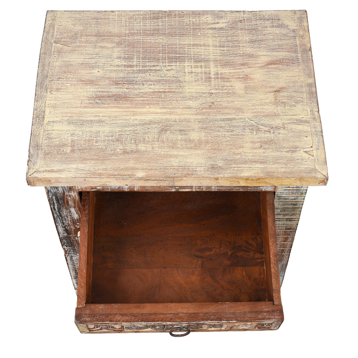 Drawer Interior View Of Hand-Carved Reclaimed Indian Bedside Cabinet With Patchwork Detail 