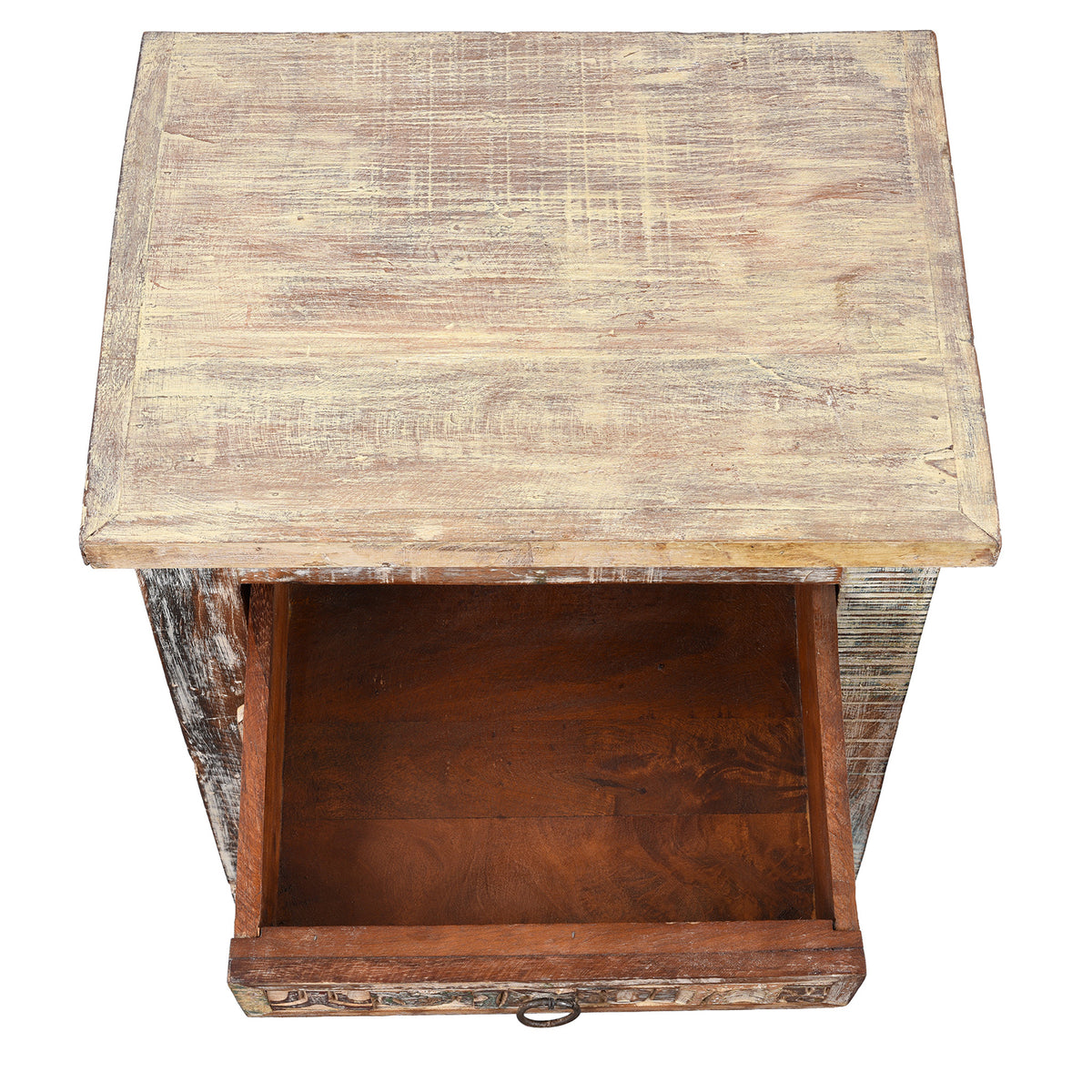 Drawer Interior View Of Hand-Carved Reclaimed Indian Bedside Cabinet With Patchwork Detail 