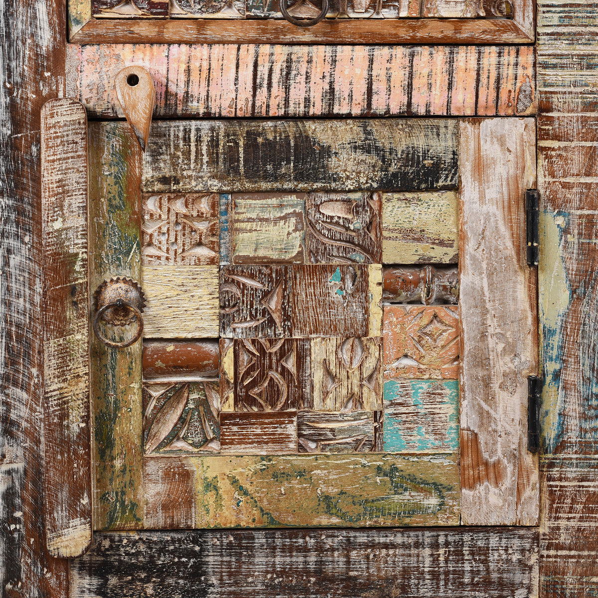 Door Detail From Hand-Carved Reclaimed Indian Bedside Cabinet With Patchwork Detail 