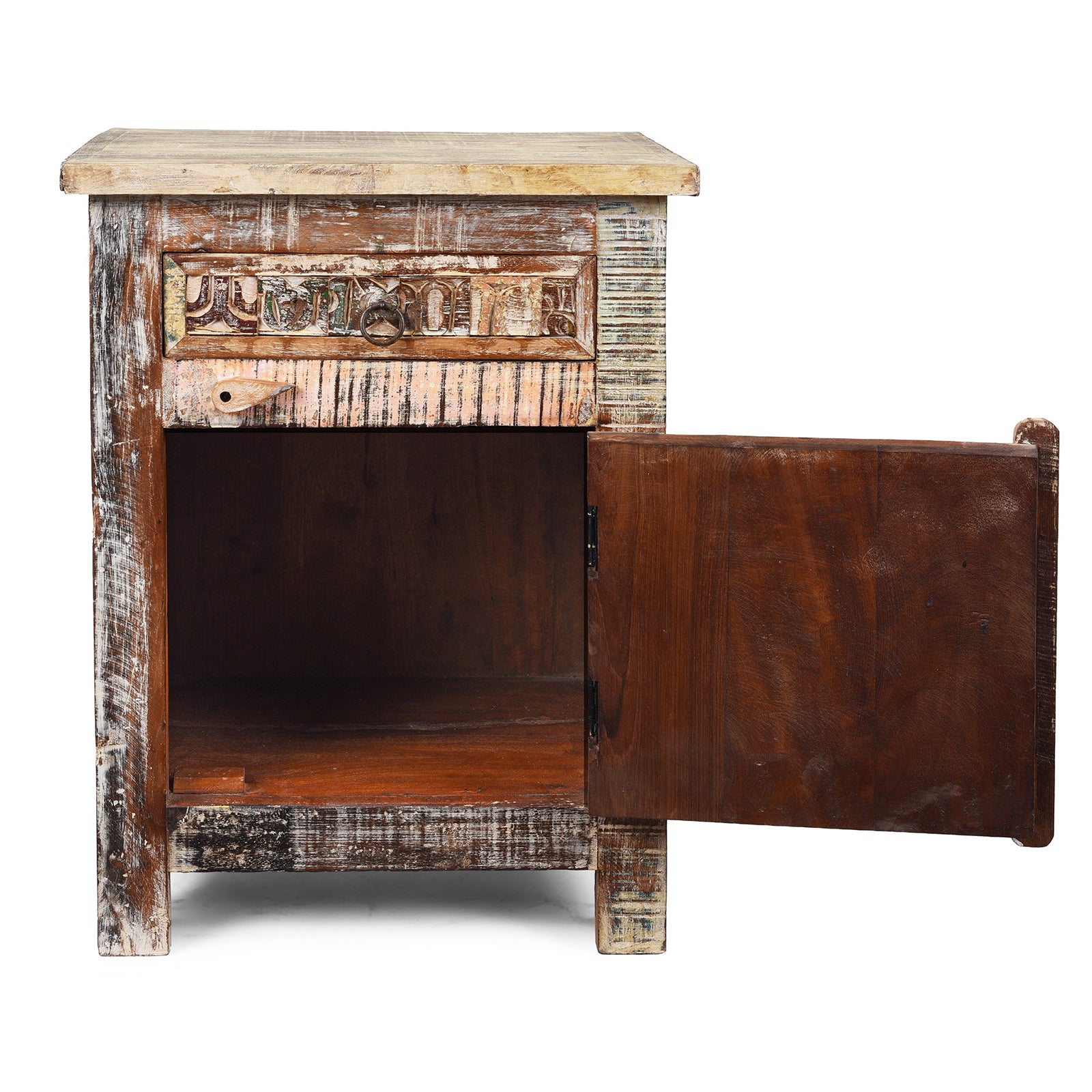 Interior View Of Hand-Carved Reclaimed Indian Bedside Cabinet With Patchwork Detail 